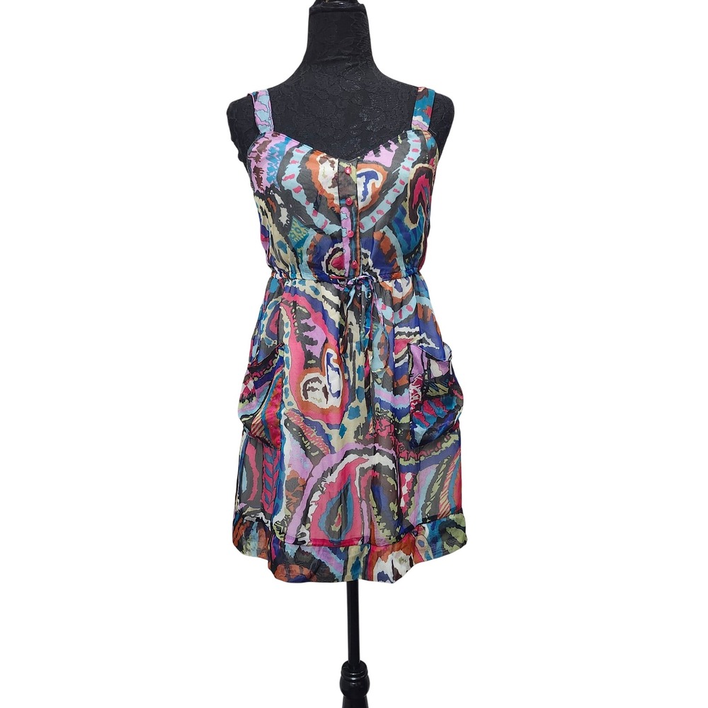 Joy Joy Women Dress Small Abstract Multicolor Print Pockets Tie Waist Boho Flowy